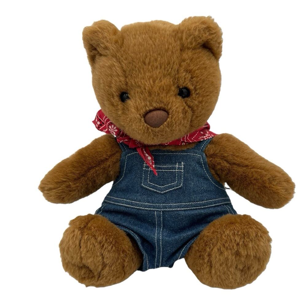 Vtg 1997 BAB 11" Classic Brown Teddy Bear Plush Stuffed w Red Bandana & Overalls